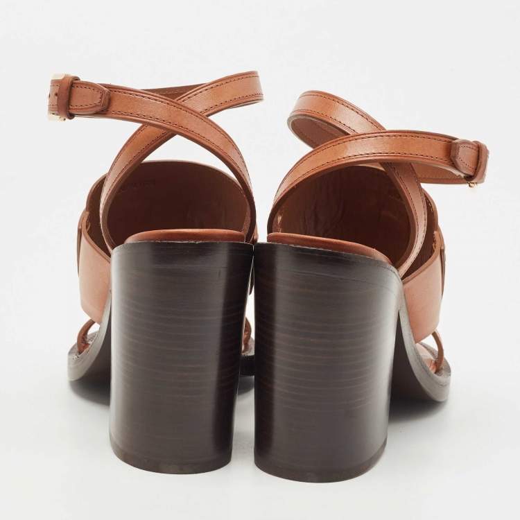 مملوكة مسبقًا Burberry Brown Leather Bethany Tassel Detail Block Heel Ankle Strap Sandals Size 37
