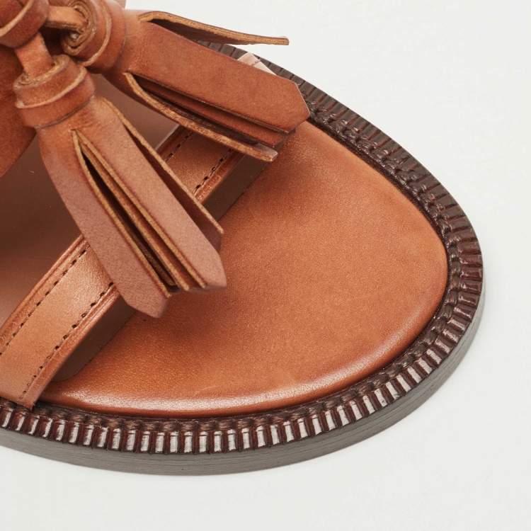 مملوكة مسبقًا Burberry Brown Leather Bethany Tassel Detail Block Heel Ankle Strap Sandals Size 37