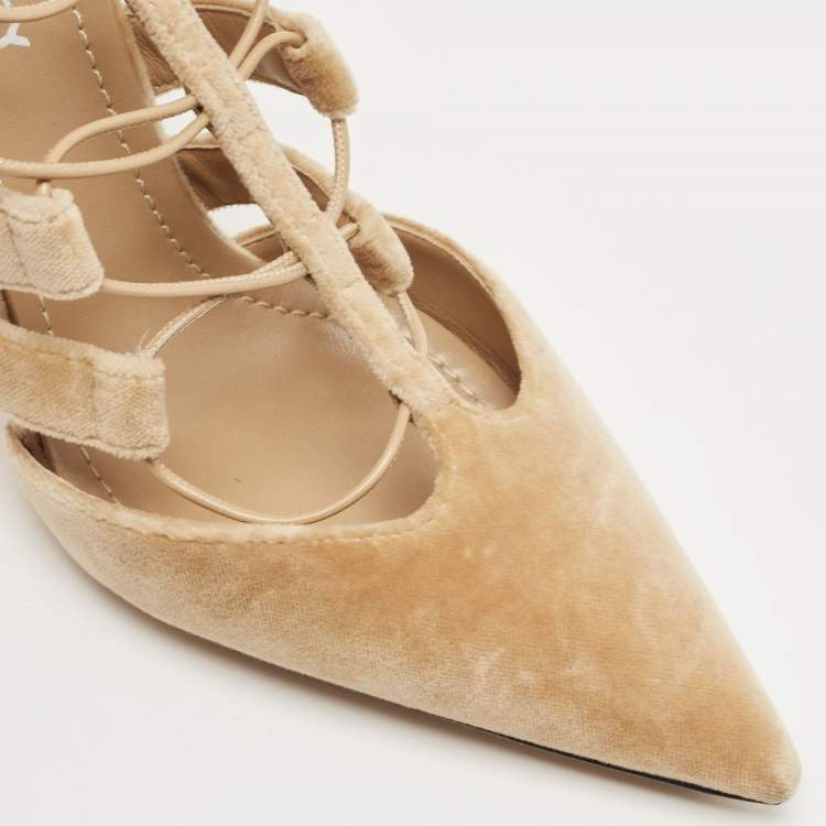 Pre Owned Burberry Beige Velvet Strappy Pointed Toe Ankle Wrap Pumps Size 37