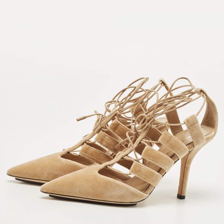 Pre Owned Burberry Beige Velvet Strappy Pointed Toe Ankle Wrap Pumps Size 37