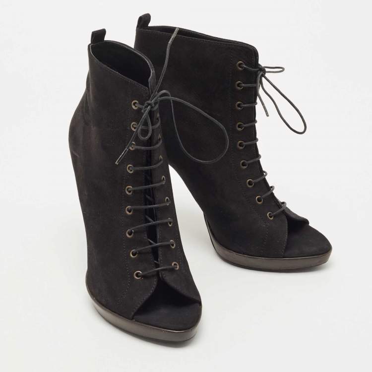 Pre Owned Burberry Black Nubuck Leather Peep Toe Lace Up Ankle Boots Size 40