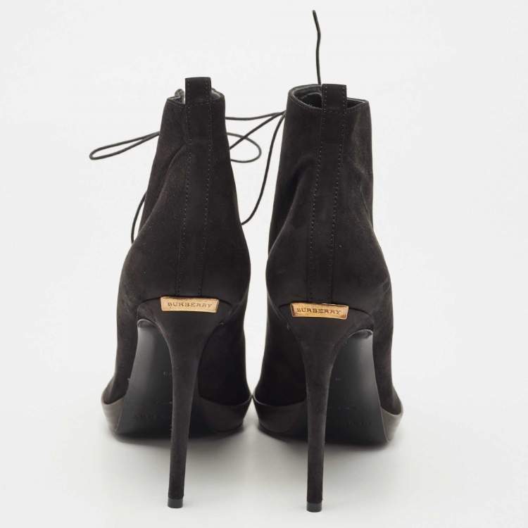 Pre Owned Burberry Black Nubuck Leather Peep Toe Lace Up Ankle Boots Size 40