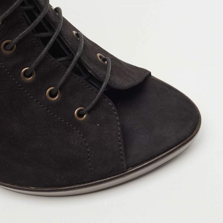 Pre Owned Burberry Black Nubuck Leather Peep Toe Lace Up Ankle Boots Size 40