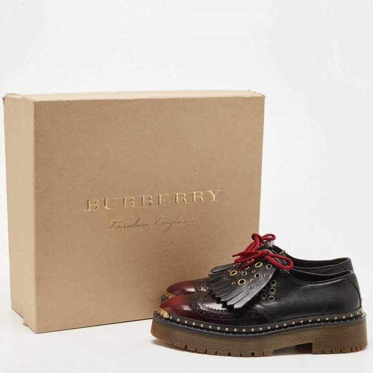Pre Owned Burberry Two Tone Brogue Leather Bissett Fringe Detail Lace Up Platform Derby Size 40