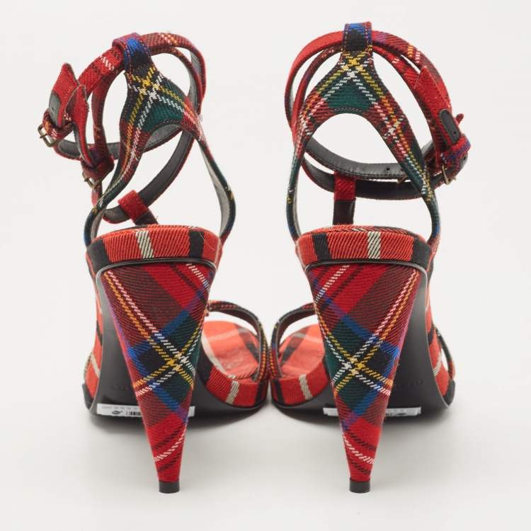 Pre Owned Burberry Red Checkered Canvas Hans T Strap Sandals Size 38.5