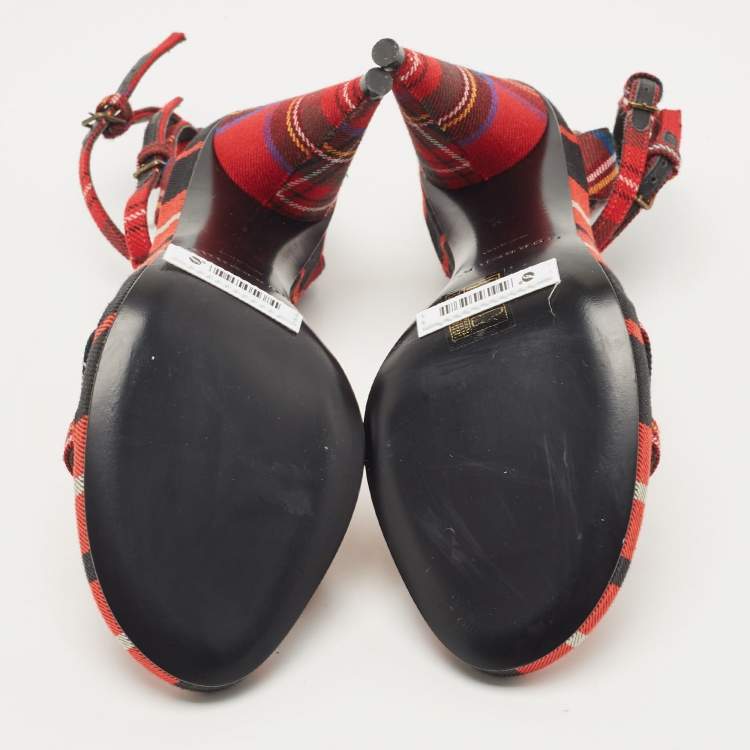 Pre Owned Burberry Red Checkered Canvas Hans T Strap Sandals Size 38.5
