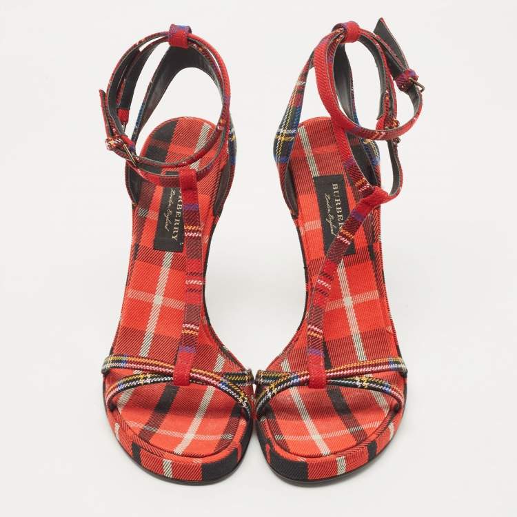 Pre Owned Burberry Red Checkered Canvas Hans T Strap Sandals Size 38.5