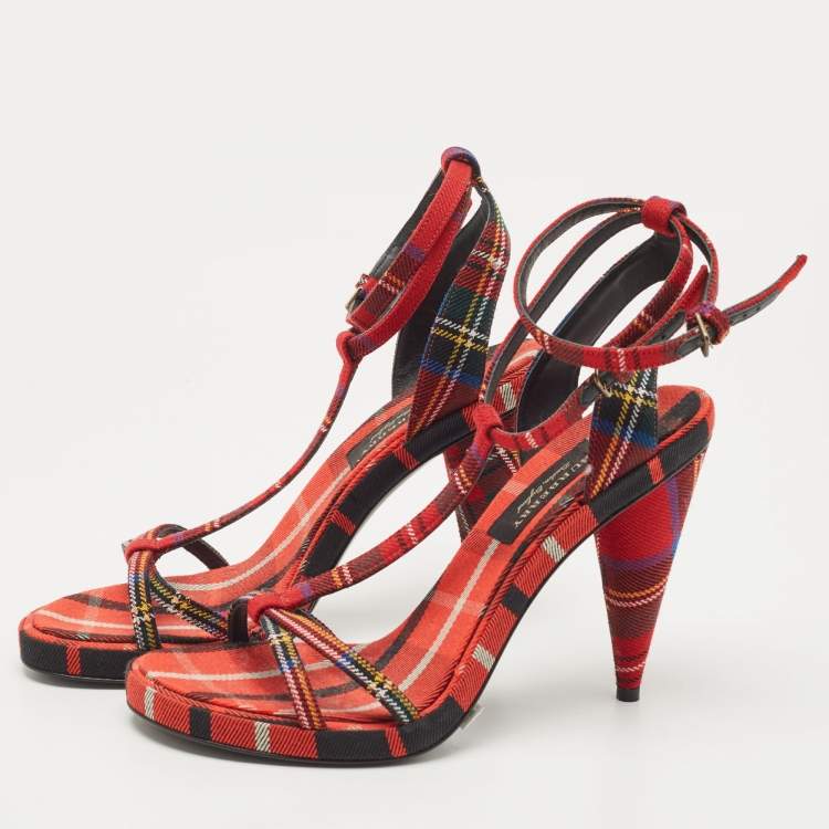Pre Owned Burberry Red Checkered Canvas Hans T Strap Sandals Size 38.5