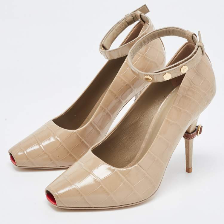Pre Owned Burberry Beige Croc Embossed Leather Jermyn Peep Toe Ankle Cuff Pumps Size 38