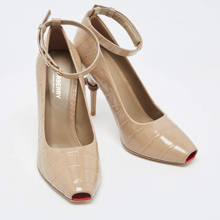 Pre Owned Burberry Beige Croc Embossed Leather Jermyn Peep Toe Ankle Cuff Pumps Size 38