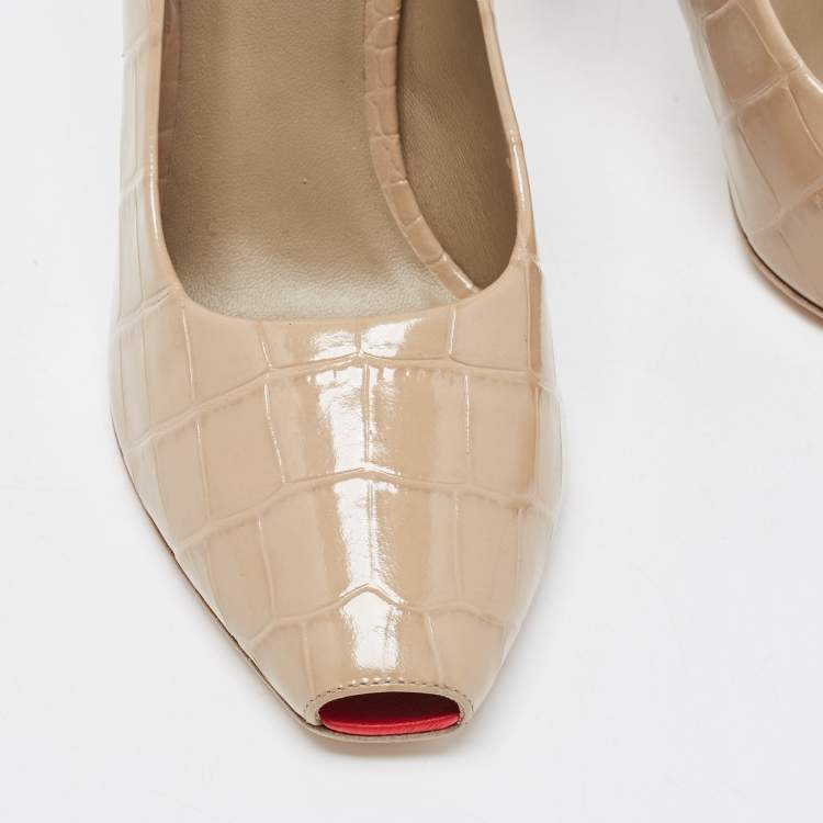 Pre Owned Burberry Beige Croc Embossed Leather Jermyn Peep Toe Ankle Cuff Pumps Size 38