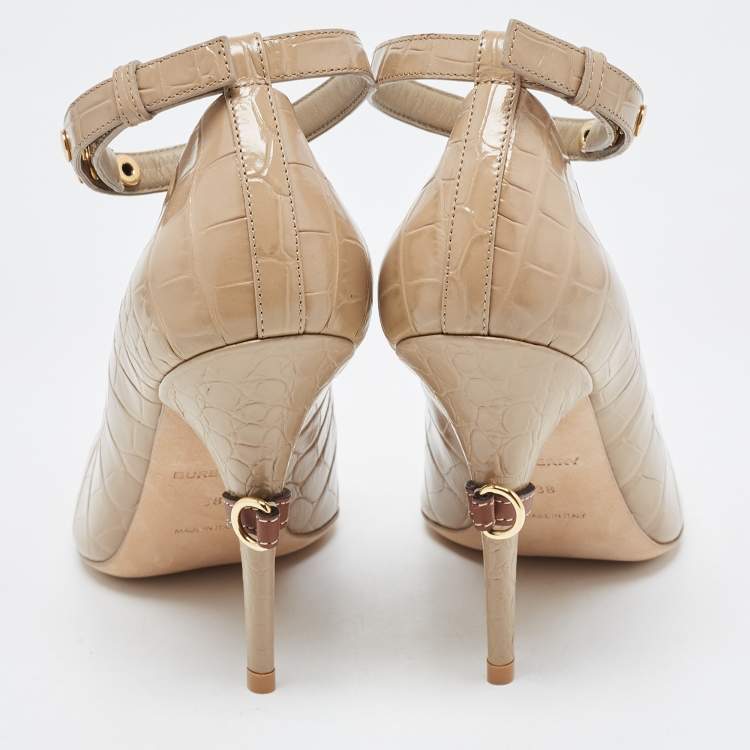 Pre Owned Burberry Beige Croc Embossed Leather Jermyn Peep Toe Ankle Cuff Pumps Size 38