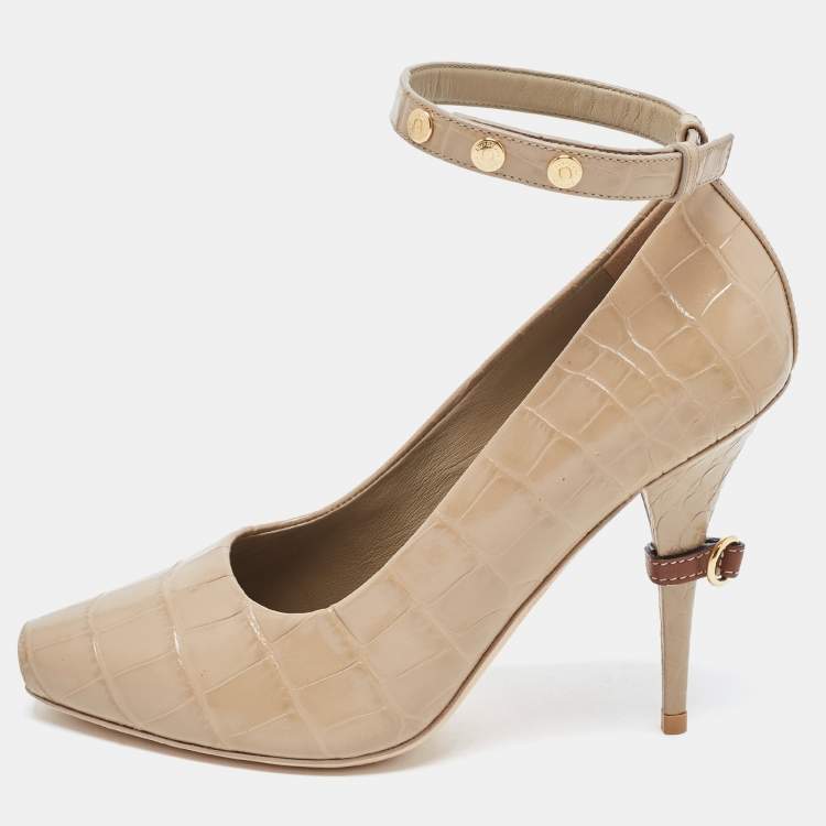 Pre Owned Burberry Beige Croc Embossed Leather Jermyn Peep Toe Ankle Cuff Pumps Size 38
