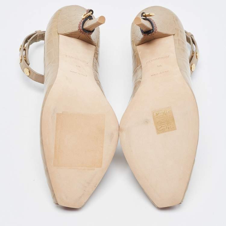 Pre Owned Burberry Beige Croc Embossed Leather Jermyn Peep Toe Ankle Cuff Pumps Size 38