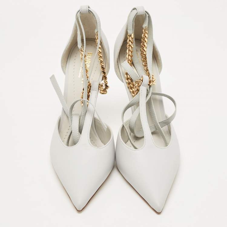 Pre Owned Burberry Pebble Grey Leather Welton Chain Detail T Strap Ankle Tie Pumps Size 36.5