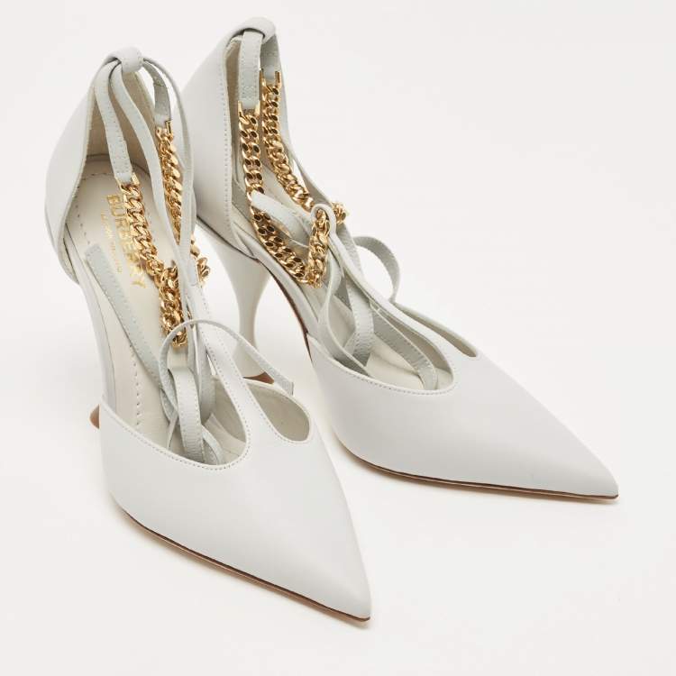 Pre Owned Burberry Pebble Grey Leather Welton Chain Detail T Strap Ankle Tie Pumps Size 36.5