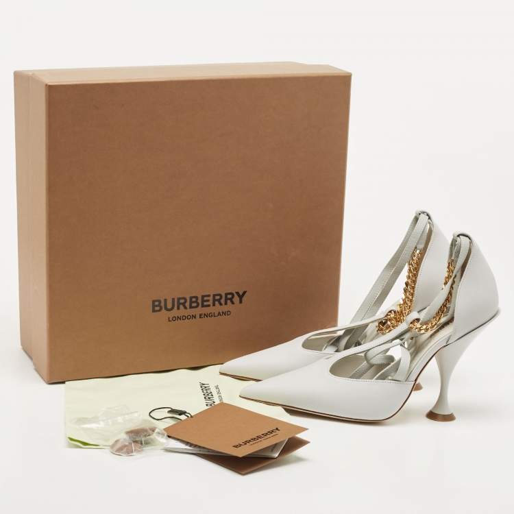 Pre Owned Burberry Pebble Grey Leather Welton Chain Detail T Strap Ankle Tie Pumps Size 36.5