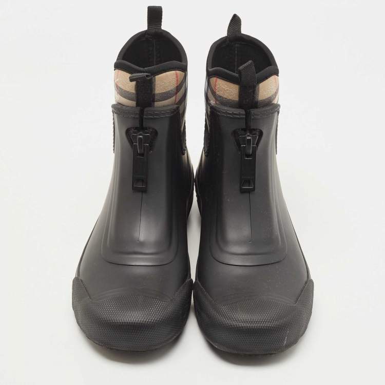 Pre Owned Burberry Black Rubber and Vintage Check Neoprene Rain Boots Size 37