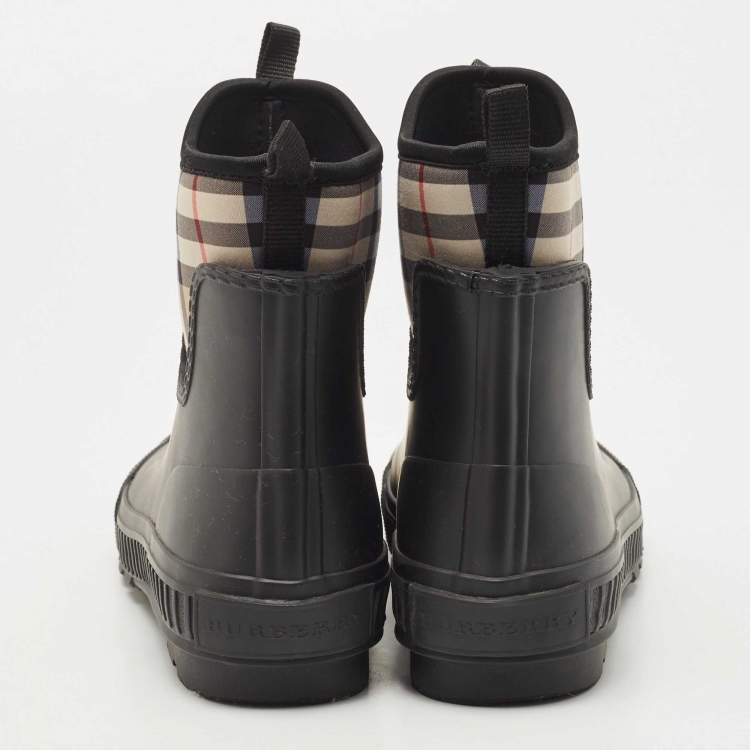 Pre Owned Burberry Black Rubber and Vintage Check Neoprene Rain Boots Size 37