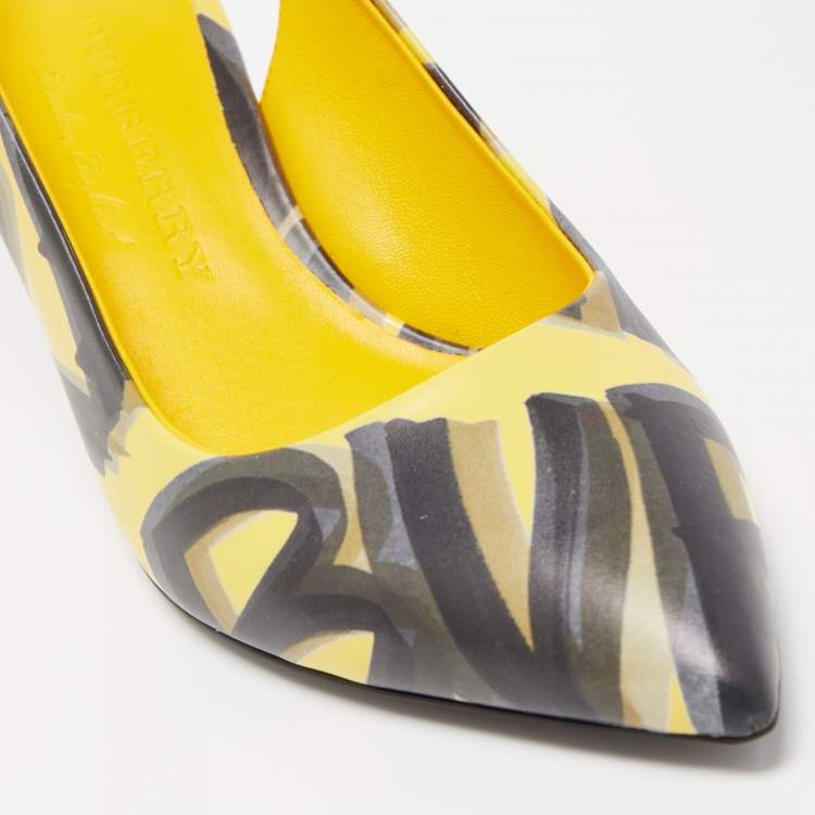 مملوكة مسبقًا Burberry Yellow/Black Printed Leather Morson Slingback Pumps Size 36.5