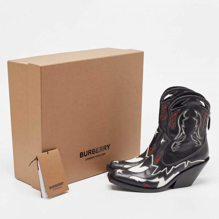 Pre Owned Burberry Black Leather Topstitch Applique Matlock Cowboy Ankle Boots Size 37.5