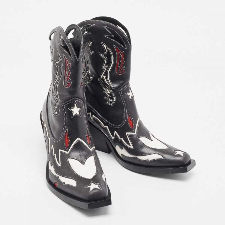 Pre Owned Burberry Black Leather Topstitch Applique Matlock Cowboy Ankle Boots Size 37.5