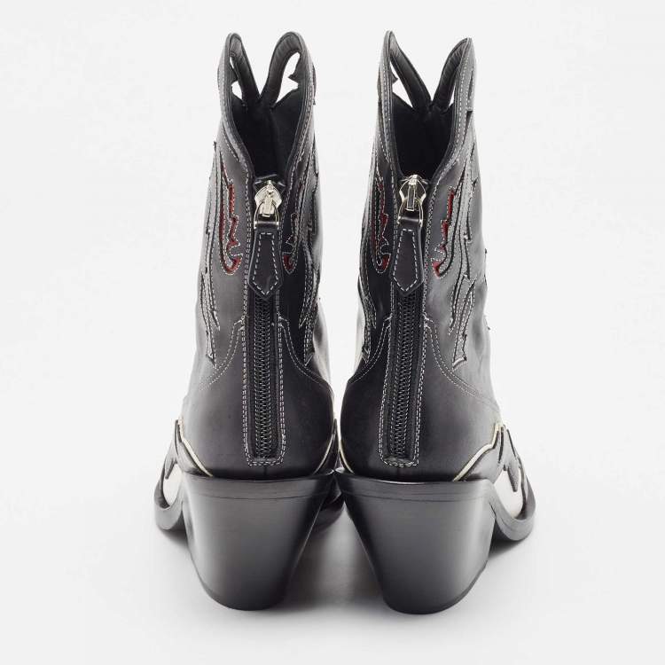 Pre Owned Burberry Black Leather Topstitch Applique Matlock Cowboy Ankle Boots Size 37.5