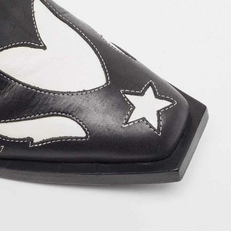 Pre Owned Burberry Black Leather Topstitch Applique Matlock Cowboy Ankle Boots Size 37.5
