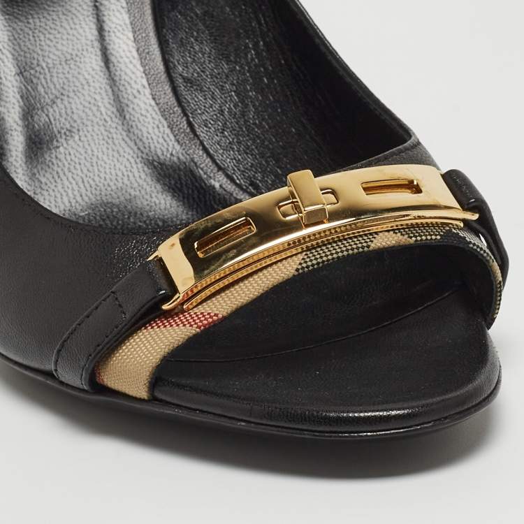 Pre Owned Burberry Black Leather And Canvas Trim Twist Lock Dunlow Peep Toe Pumps Size 39