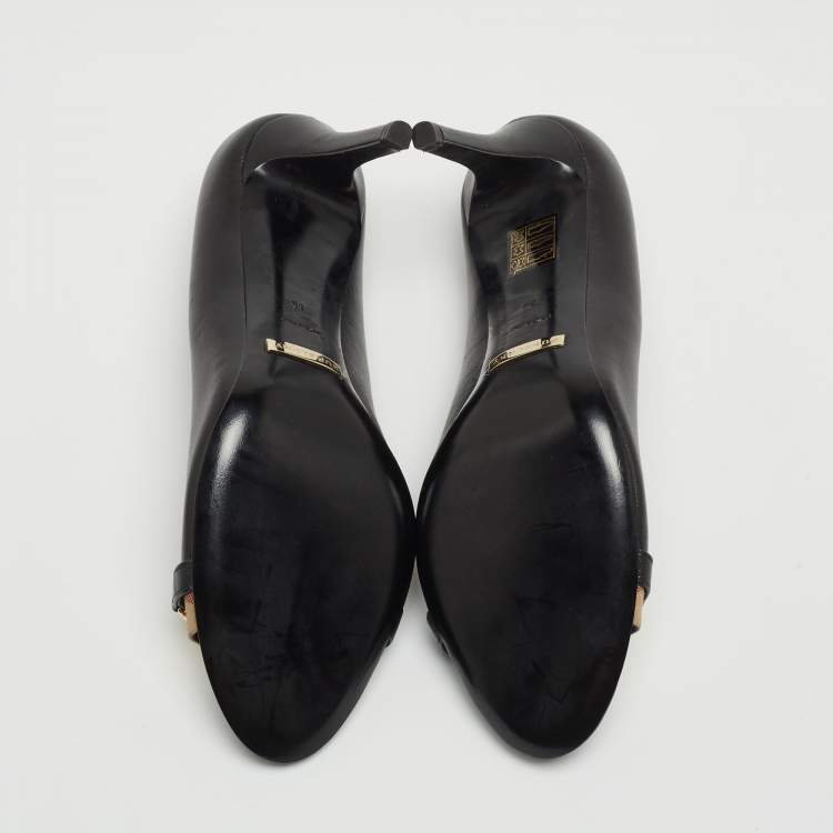 Pre Owned Burberry Black Leather And Canvas Trim Twist Lock Dunlow Peep Toe Pumps Size 39