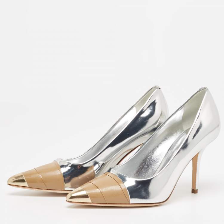 Pre Owned Burberry Silver Patent Pointed Toe Pumps Size 36.5