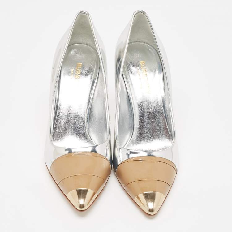 Pre Owned Burberry Silver Patent Pointed Toe Pumps Size 36.5