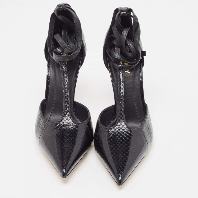 Pre Owned Burberry Black Snakeskin Leather Welton T Strap Ankle Wrap Pumps Size 37.5
