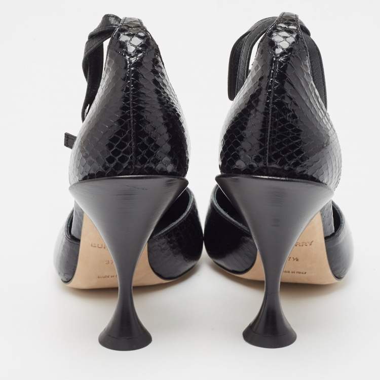 Pre Owned Burberry Black Snakeskin Leather Welton T Strap Ankle Wrap Pumps Size 37.5