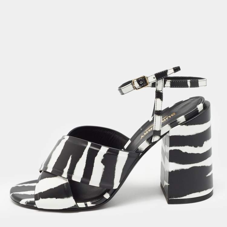 Pre Owned Burberry Black/White Leather Castlebar Ankle Strap Sandals Size 39