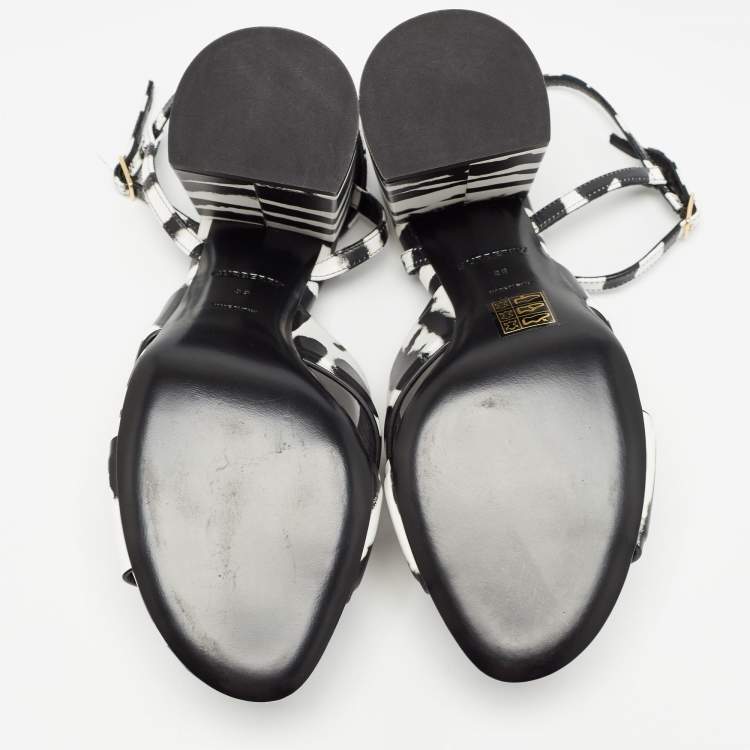 Pre Owned Burberry Black/White Leather Castlebar Ankle Strap Sandals Size 39