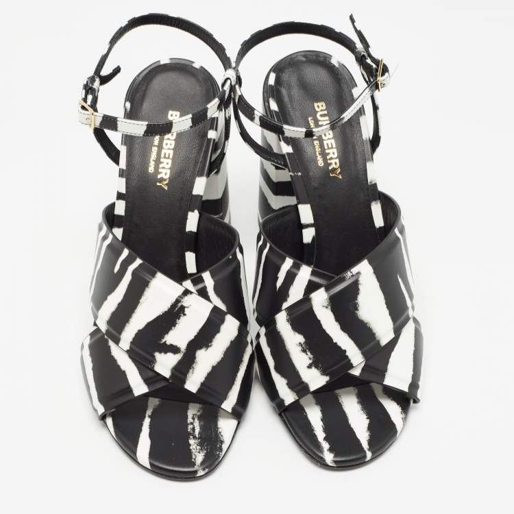 Pre Owned Burberry Black/White Leather Castlebar Ankle Strap Sandals Size 39