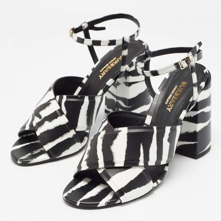 Pre Owned Burberry Black/White Leather Castlebar Ankle Strap Sandals Size 39