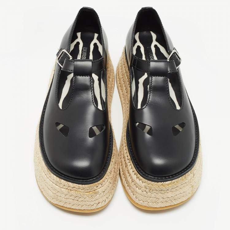 Pre Owned Burberry Black Leather Aldwych Platform Espadrille Flats Size 39