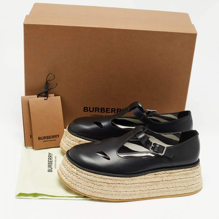 Pre Owned Burberry Black Leather Aldwych Platform Espadrille Flats Size 39