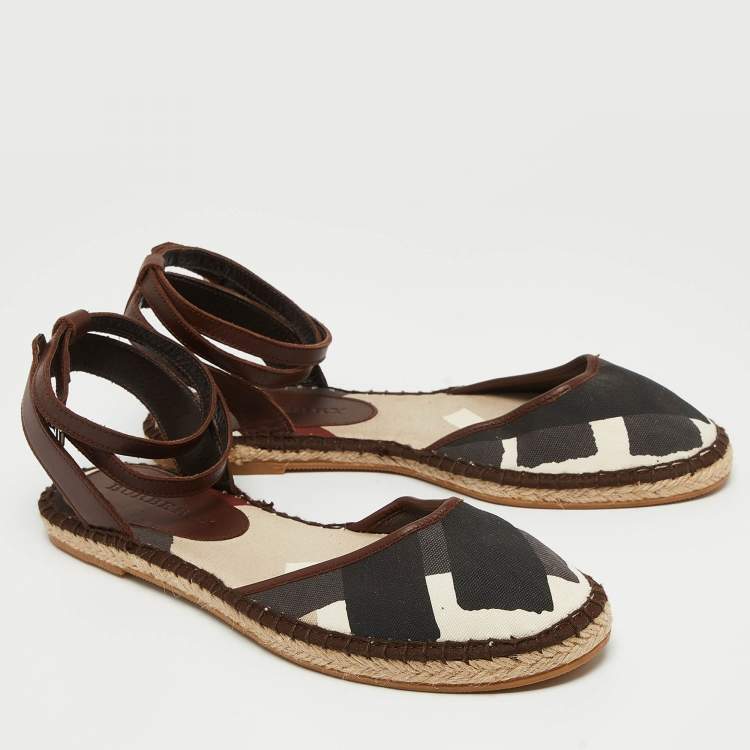 Pre Owned Burberry Tricolor Printed Canvas and Leather Ankle Strap Espadrille Flats Size 40