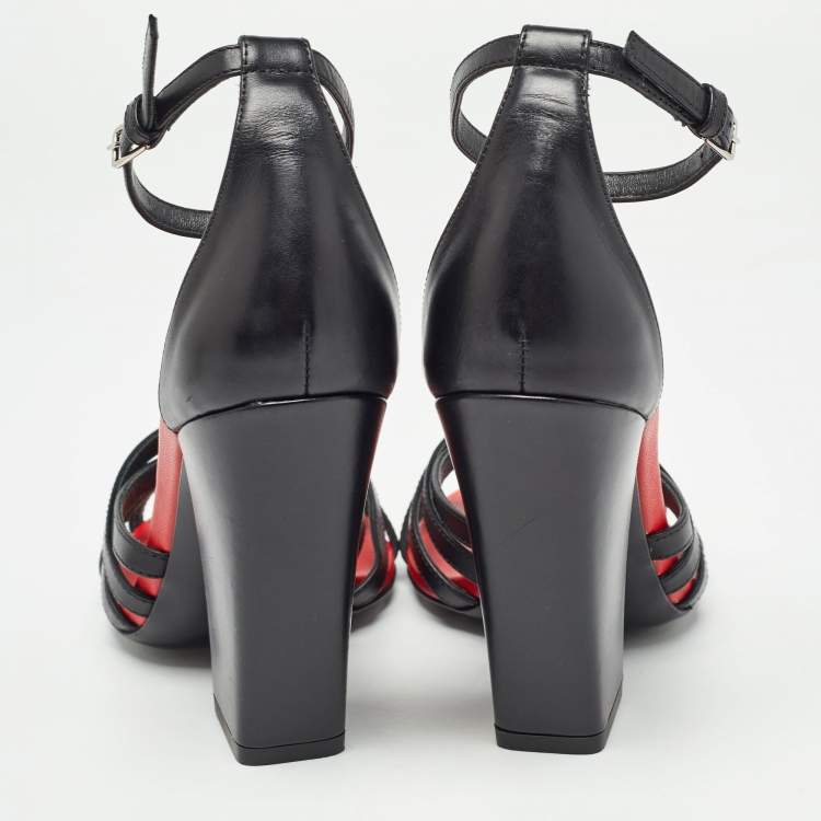 Pre Owned Burberry Black/Red Leather Hove Heel Ankle Strap Sandals Size 36