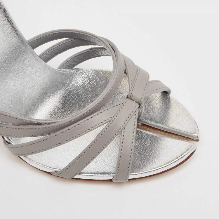 Pre Owned Burberry Grey  Leather Hove Heel Ankle Strap Sandals Size 38