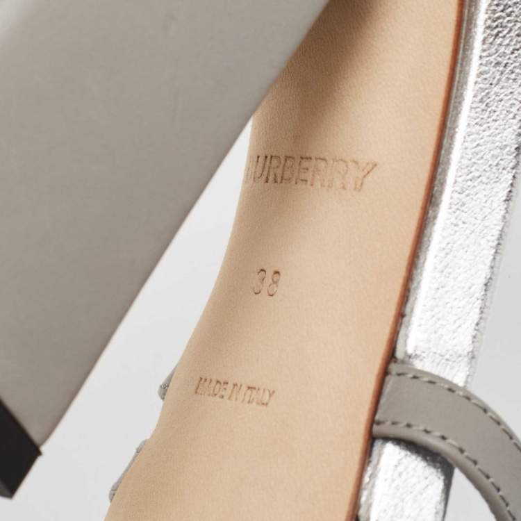 Pre Owned Burberry Grey  Leather Hove Heel Ankle Strap Sandals Size 38