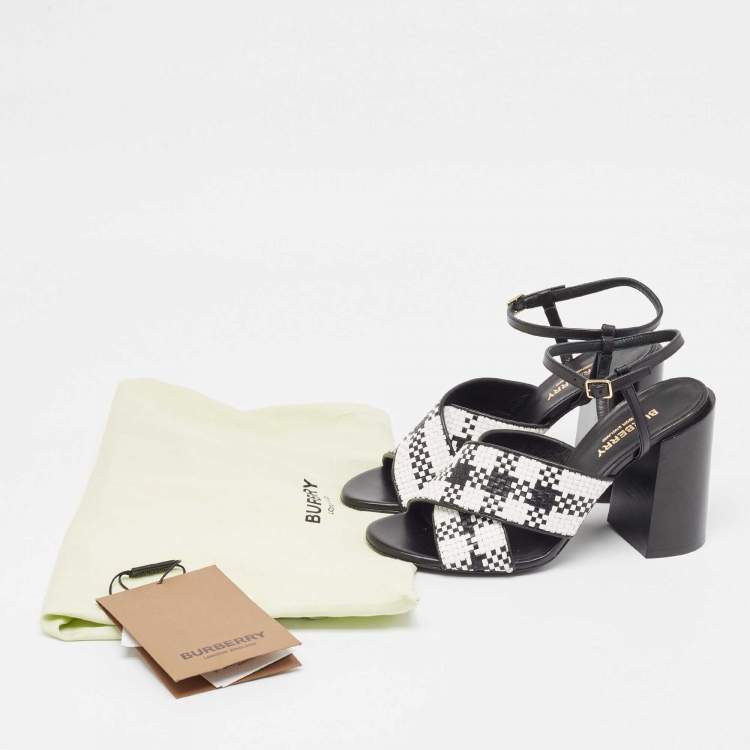 Pre Owned Burberry White/Black Woven Leather Block Heel Sandals Size 37
