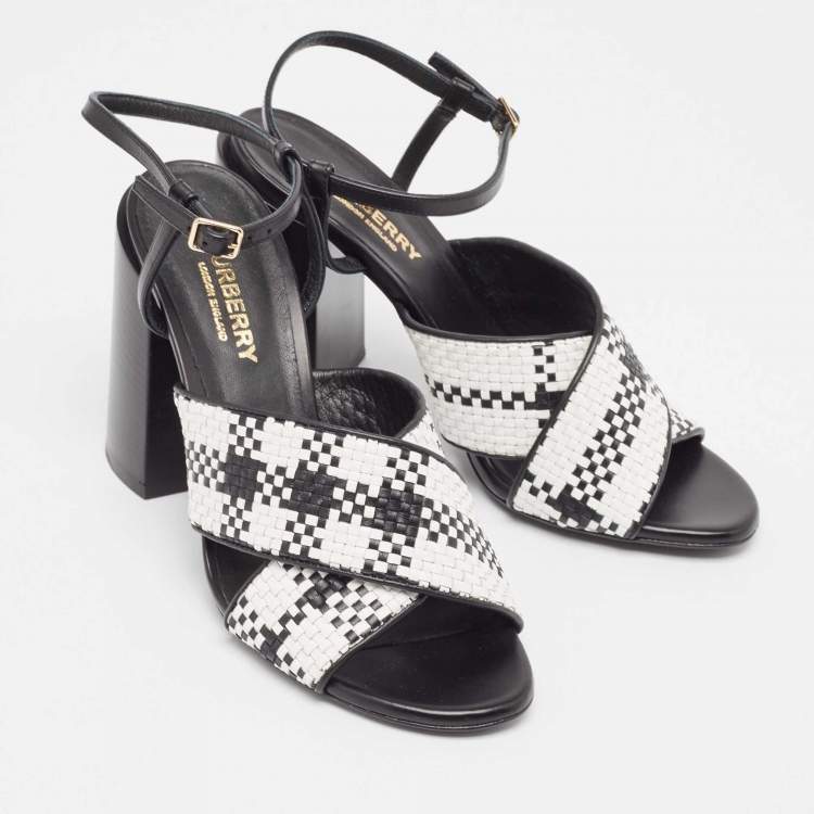 Pre Owned Burberry White/Black Woven Leather Block Heel Sandals Size 37