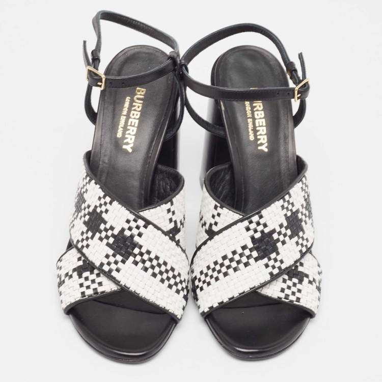 Pre Owned Burberry White/Black Woven Leather Block Heel Sandals Size 37