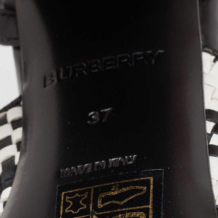 Pre Owned Burberry White/Black Woven Leather Block Heel Sandals Size 37