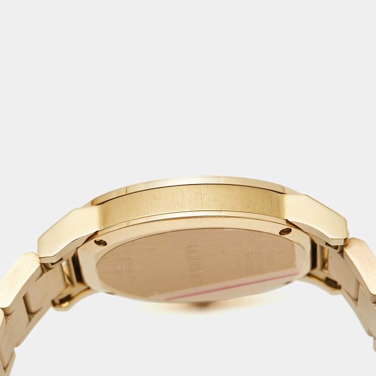 Pre Owned Burberry Gold Check Stamped Gold Plated Stainless Steel The City BU9038 Unisex Wristwatch 38 mm