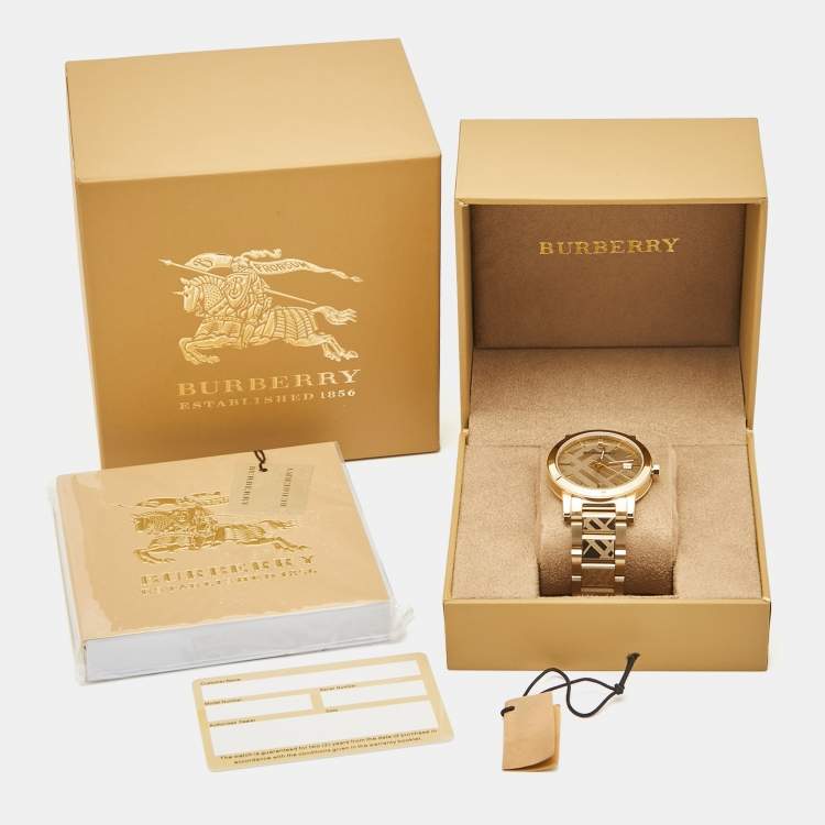 Pre Owned Burberry Gold Check Stamped Gold Plated Stainless Steel The City BU9038 Unisex Wristwatch 38 mm